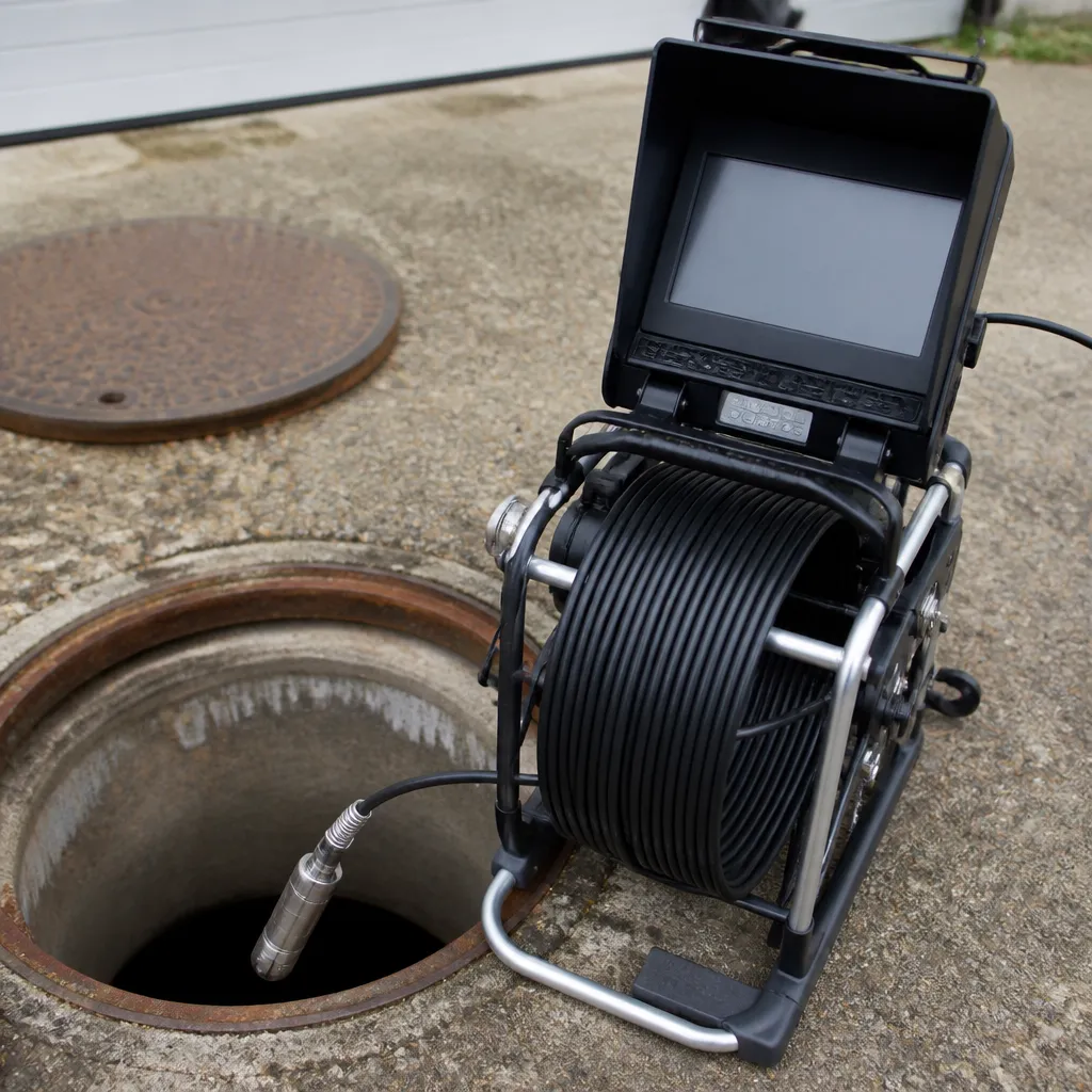Tête de caméra engagée dans une canalisation pour localiser un bouchon
