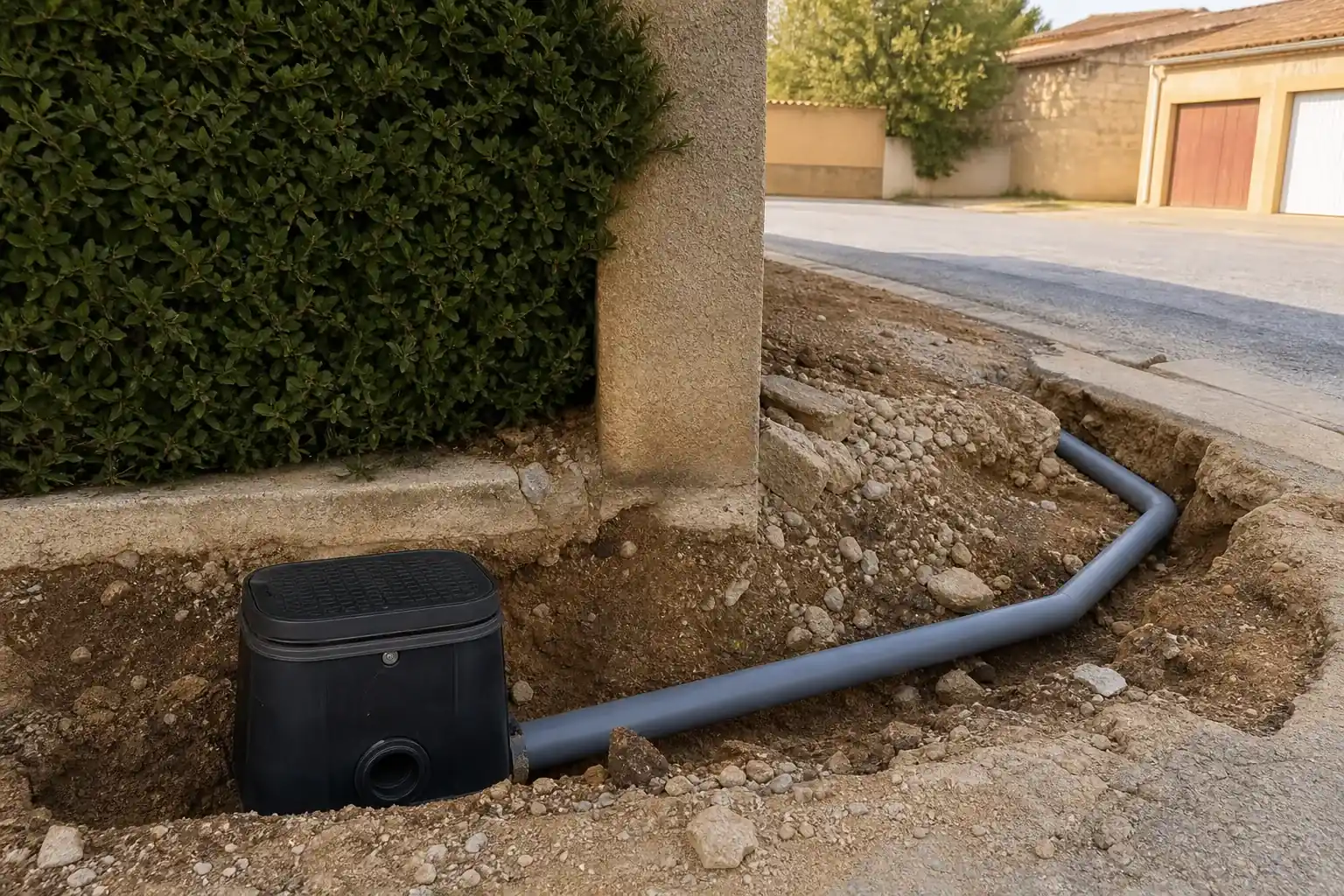 Regard de branchement à la limite entre le jardin et la rue