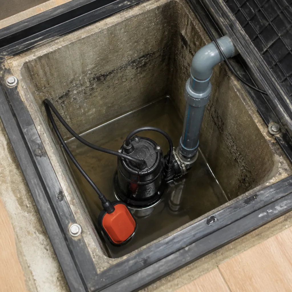 Pompe de relevage et son flotteur au fond d’une cuve ouverte