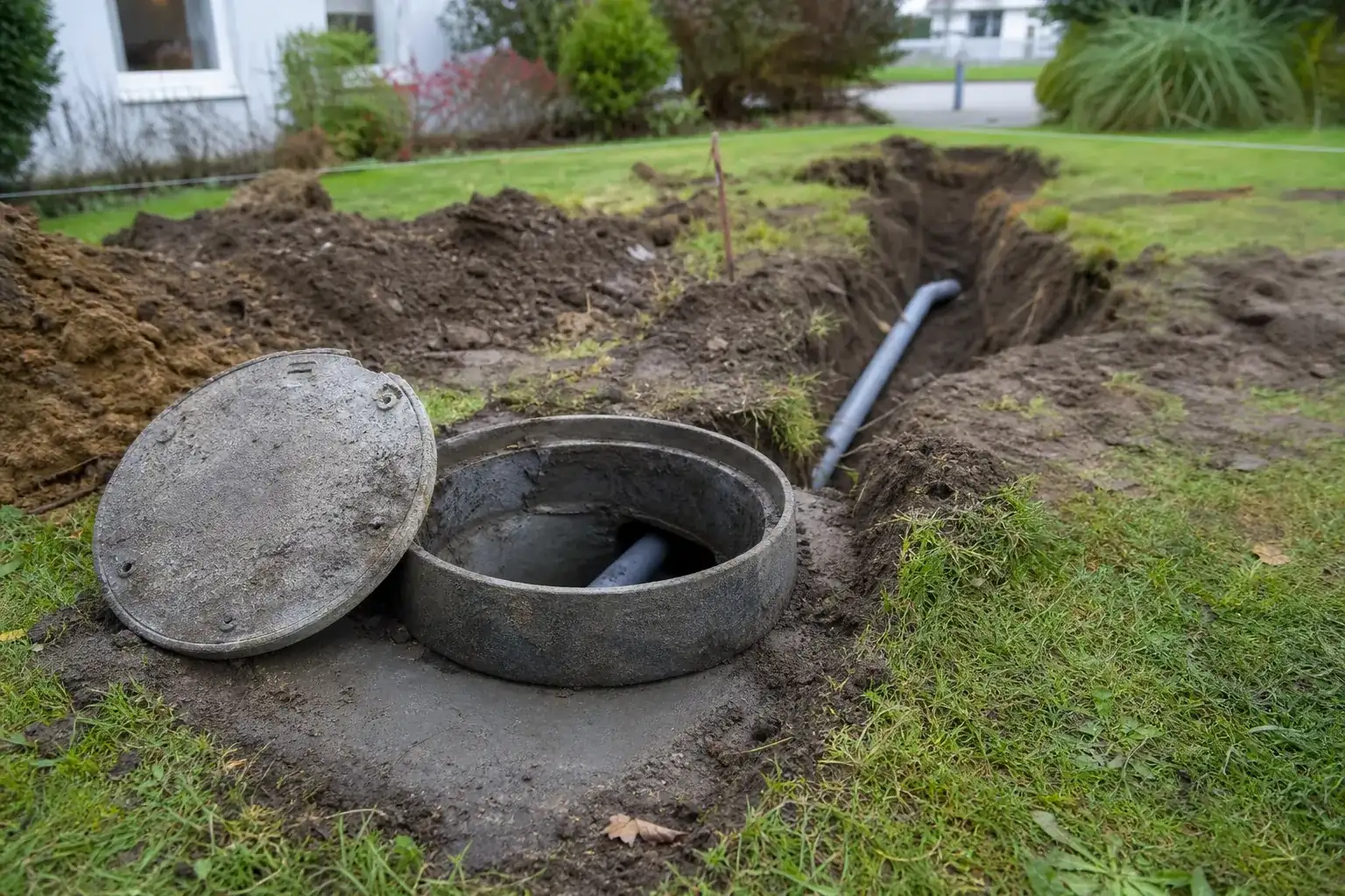 Regard de branchement ouvert dans un jardin, prêt pour un débouchage